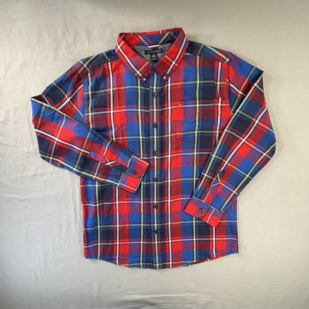 Tommy Hilfiger Button Down Long‎ Sleeve Red and Blue Plaid Boys XL Classic